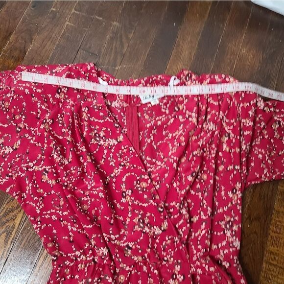 Vintage 80s Red Dainty Floral Cottagecore Deep V-Neck Midi Dress - Picture 11 of 16